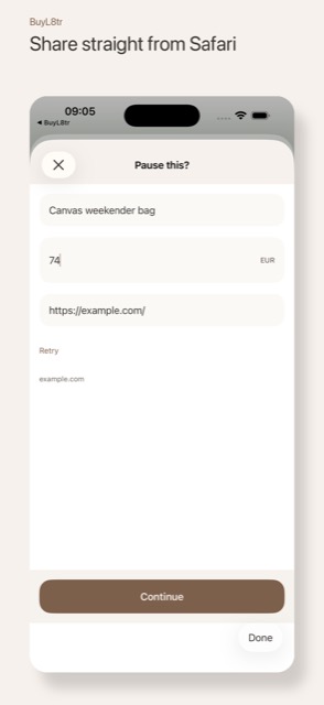 BuyL8tr Safari Share Extension with product name, price, and webpage fields.